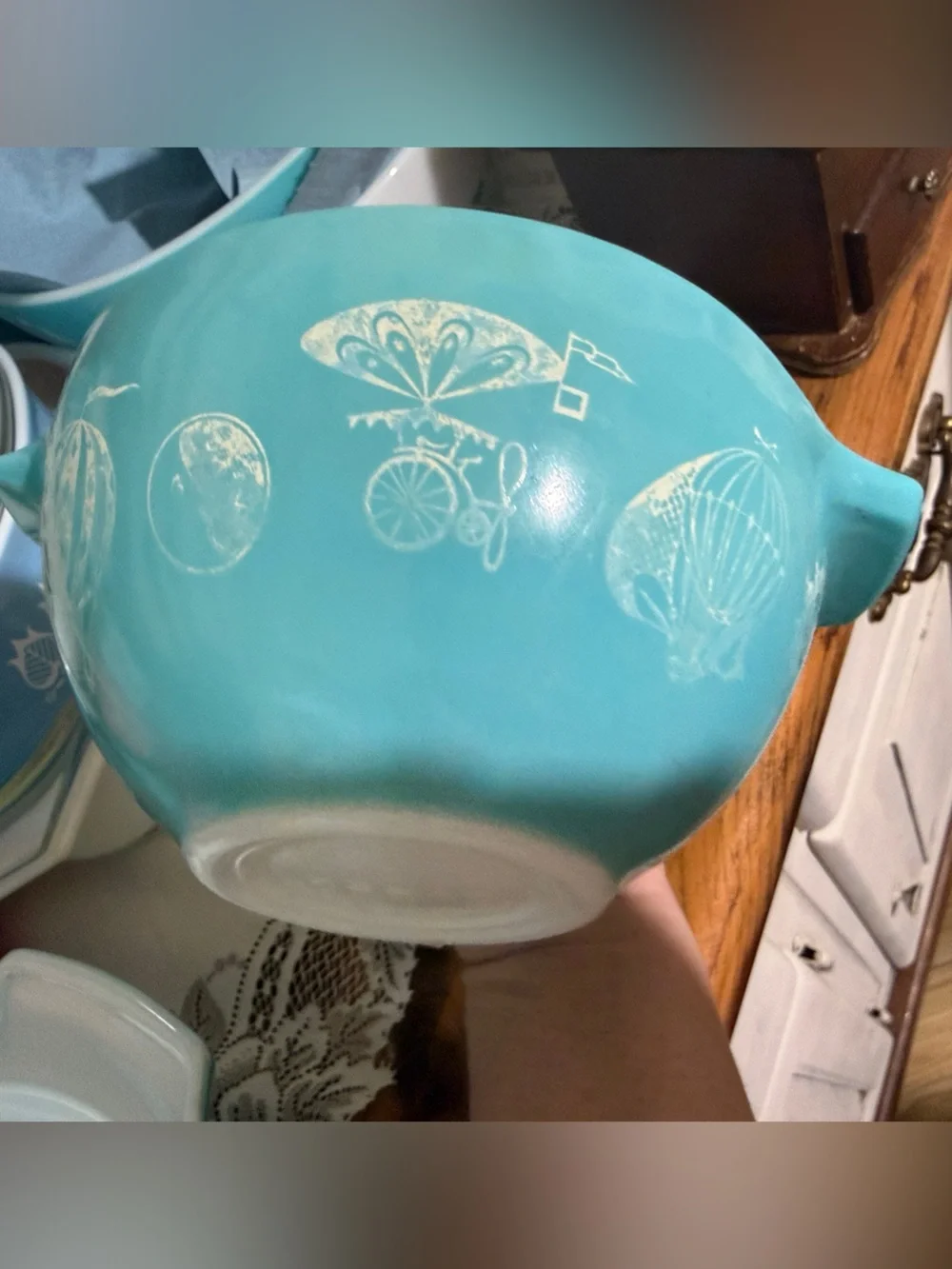 Pyrex Turquoise Hot air balloons PROMO chip and dip mixing bowl set